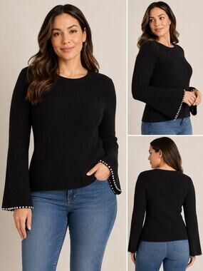 NWT Edited x Hunter McGrady Pearl Trim Black Bell Sleeve Knit Sweater Medium